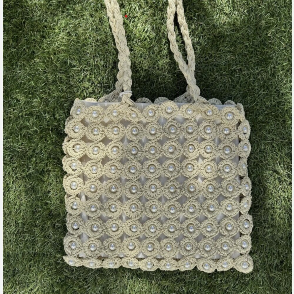 Haute Hippie Cream Crochet Pearl Tote